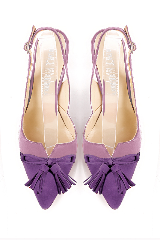 Amethyst purple women's open back shoes, with a knot. Tapered toe. High slim heel. Top view - Florence KOOIJMAN